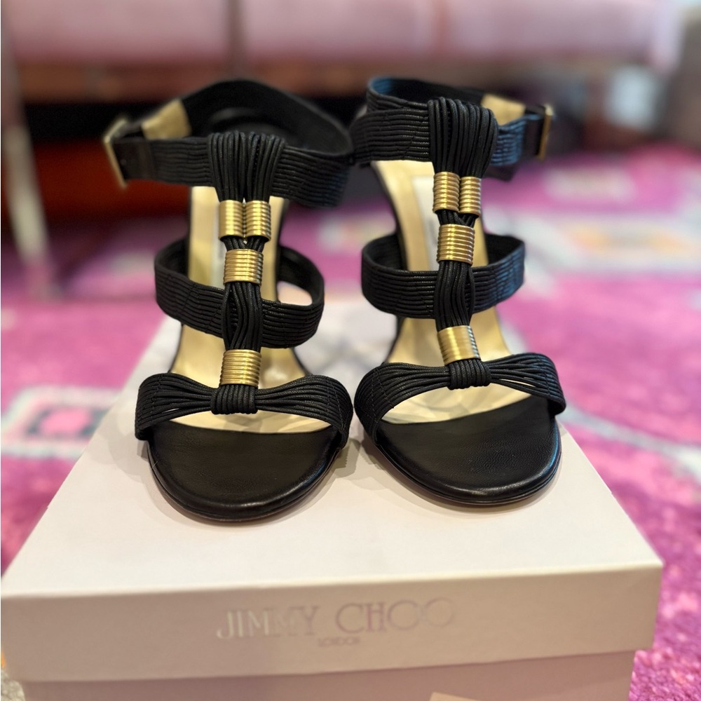 Jimmy Choo Black Stiletto Heels with Strappy Design